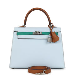 Hermes Kelly Sellier 25 Tri-Color Bleu Brume, Gold and Vert Jade Epsom Epsom Palladium Hardware