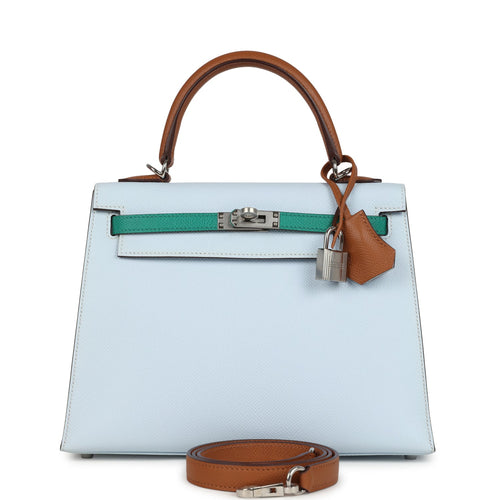 Hermes Kelly Sellier 25 Tri-Color Bleu Brume, Gold and Vert Jade Epsom Epsom Palladium Hardware