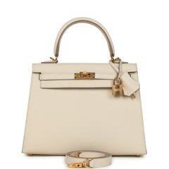 Pre-owned Hermes Kelly Sellier 25 Craie Epsom Gold Hardware