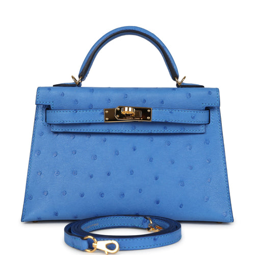 Pre-owned Hermes Kelly Sellier 20 Bleuet Ostrich Gold Hardware
