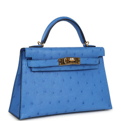 Pre-owned Hermes Kelly Sellier 20 Bleuet Ostrich Gold Hardware