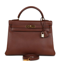 Vintage Hermes Kelly Retourne 32 Marron Fonce Ardennes Gold Hardware