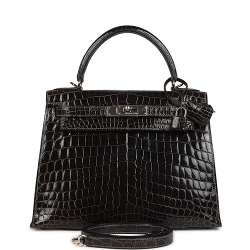 Vintage Hermes Kelly Sellier 28 Gris Fonce Shiny Niloticus Crocodile Palladium Hardware