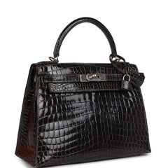 Vintage Hermes Kelly Sellier 28 Gris Fonce Shiny Niloticus Crocodile Palladium Hardware