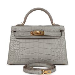 Hermes Special Order (HSS) Kelly Sellier 20 Gris Perle Verso Matte Alligator Gold Hardware