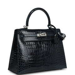 Hermes Kelly Sellier 25 Vert Rousseau Shiny Porosus Crocodile Palladium Hardware