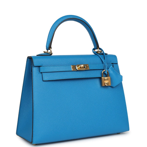 Pre-owned Hermes Kelly Sellier 25 Bleu Zanzibar Epsom Gold Hardware