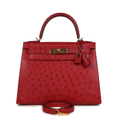 Pre-owned Hermes Kelly Sellier 28 Rouge Vif Ostrich Gold Hardware