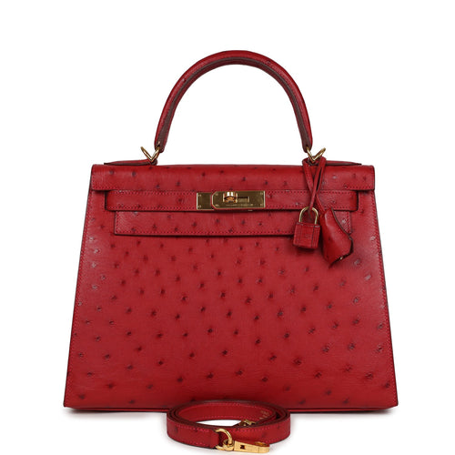 Pre-owned Hermes Kelly Sellier 28 Rouge Vif Ostrich Gold Hardware