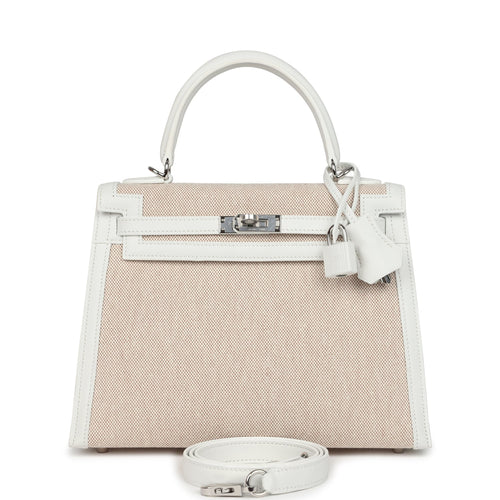 Hermes Kelly Sellier 25 New White Swift and Ecru-Beige Toile H Canvas Palladium Hardware