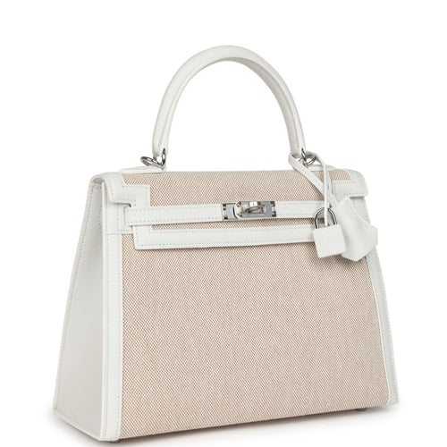 Hermes Kelly Sellier 25 New White Swift and Ecru-Beige Toile H Canvas Palladium Hardware
