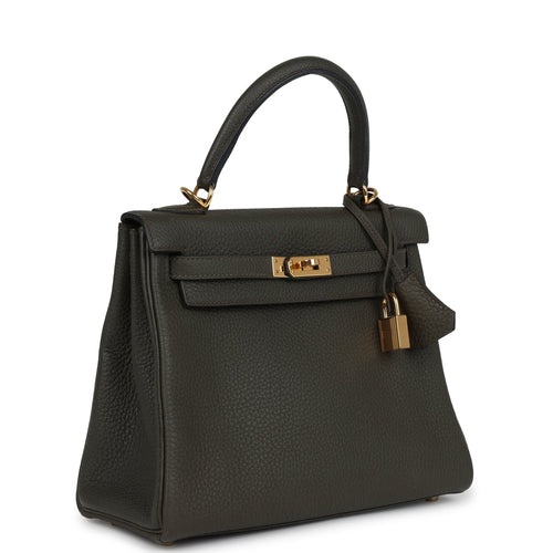 Pre-owned Hermes Kelly Retourne 25 Vert De Gris Togo Gold Hardware