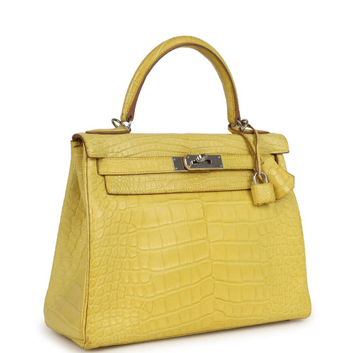 Pre-owned Hermes Kelly Retourne 28 Mimosa Matte Alligator Mississippiensis Palladium Hardware