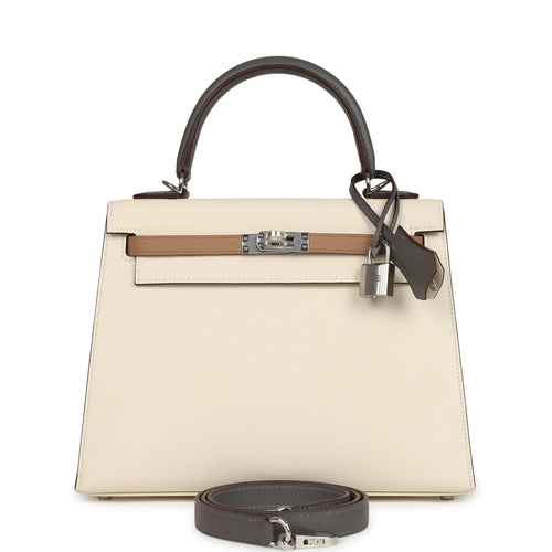Hermes Kelly Sellier 25 Tri-Color Nata, Gris Meyer and Chai Epsom Palladium Hardware