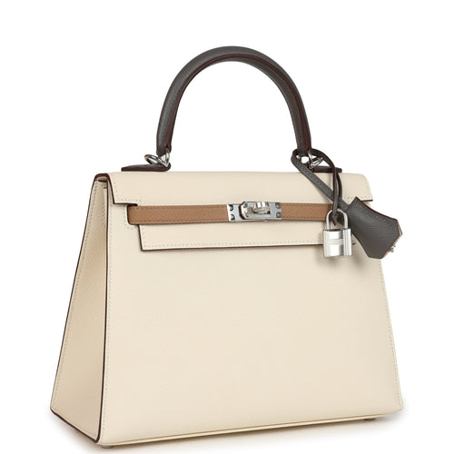 Hermes Kelly Sellier 25 Tri-Color Nata, Gris Meyer and Chai Epsom Palladium Hardware