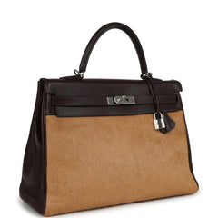 Vintage Hermes Kelly Retourne 35 Ebene Evercalf and Blond Troika Palladium Hardware