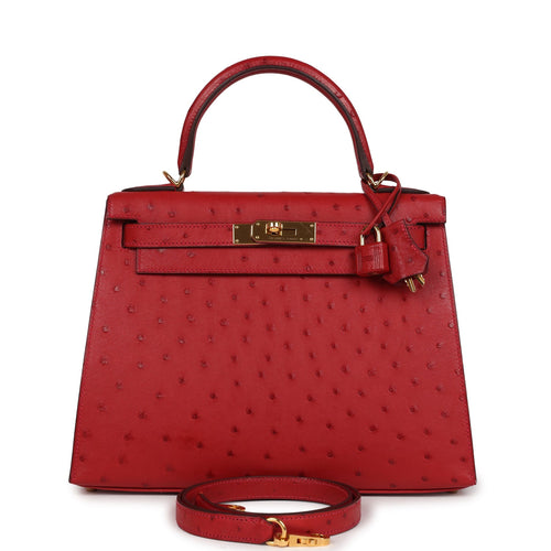 Pre-owned Hermes Kelly Sellier 28 Rouge Vif Ostrich Gold Hardware