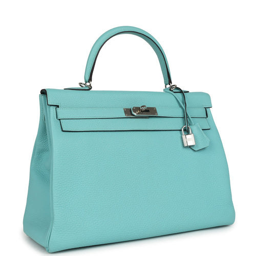Pre-owned Hermes Kelly Retourne 35 Bleu Atoll Clemence Palladium Hardware