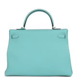 Pre-owned Hermes Kelly Retourne 35 Bleu Atoll Clemence Palladium Hardware