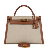 Vintage Hermes Kelly Sellier 32 Gold Courchevel and Ecru-Beige Toile H Canvas Gold Hardware