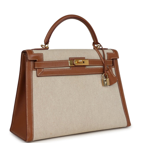Vintage Hermes Kelly Sellier 32 Gold Courchevel and Ecru-Beige Toile H Canvas Gold Hardware