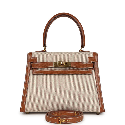 Vintage Hermes Kelly Sellier 20 Gold Courchevel and Ecru-Beige Toile H Canvas Gold Hardware