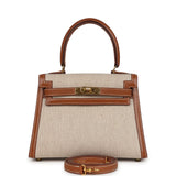 Vintage Hermes Kelly Sellier 20 Gold Courchevel and Ecru-Beige Toile H Canvas Gold Hardware