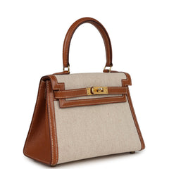 Vintage Hermes Kelly Sellier 20 Gold Courchevel and Ecru-Beige Toile H Canvas Gold Hardware