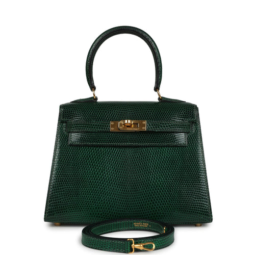 Vintage Hermes Kelly Sellier 20 Vert Fonce Varanus Salvator Lizard Gold Hardware