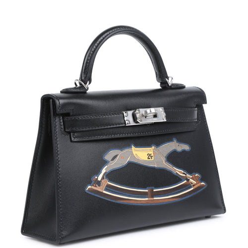 Hermes Kelly Sellier 20 "Cheval De Bois" Black and Multi Tadelakt Palladium Hardware