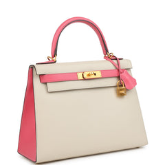 Pre-owned Hermes Special Order (HSS) Kelly Sellier 28 Craie and Rose Azalee Epsom Brushed Gold Hardware