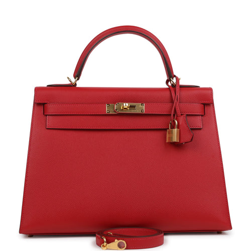 Pre-owned Hermes Kelly Sellier 32 Rouge Casaque Epsom Gold Hardware