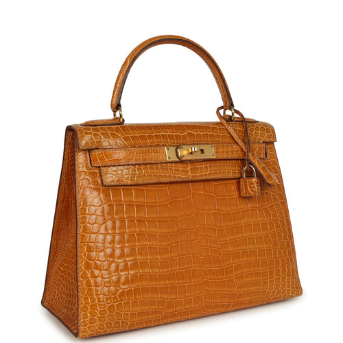 Vintage Hermes Kelly Sellier 28 Saffron Porosus Crocodile Gold Hardware