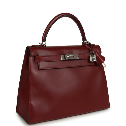 Vintage Hermes Kelly Sellier 28 Rouge H Box Palladium Hardware