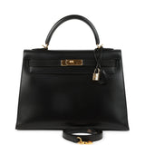 Vintage Hermes Kelly Sellier 32 Black Box Gold Hardware
