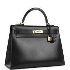 Vintage Hermes Kelly Sellier 32 Black Box Gold Hardware