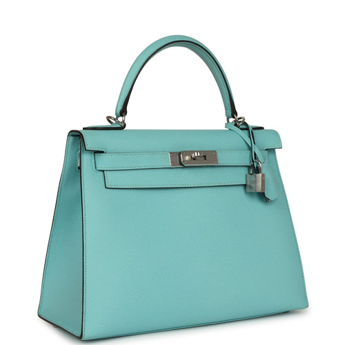 Pre-owned Hermes Kelly Sellier 28 Bleu Atoll Epsom Palladium Hardware