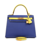 Hermes Special Order (HSS) Kelly Sellier 28 Bleu Electric and Lime Epsom Brushed Gold Hardware