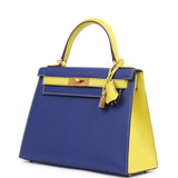 Hermes Special Order (HSS) Kelly Sellier 28 Bleu Electric and Lime Epsom Brushed Gold Hardware