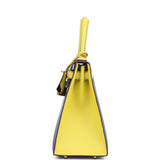 Hermes Special Order (HSS) Kelly Sellier 28 Bleu Electric and Lime Epsom Brushed Gold Hardware