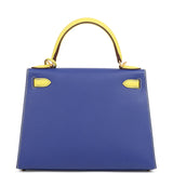 Hermes Special Order (HSS) Kelly Sellier 28 Bleu Electric and Lime Epsom Brushed Gold Hardware