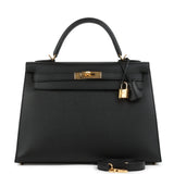 Hermes Kelly Sellier 32 Black Epsom Gold Hardware