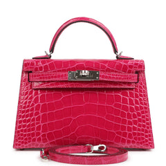 Pre-owned Hermes Kelly Sellier 20 Rose Mexico Shiny Alligator Palladium Hardware