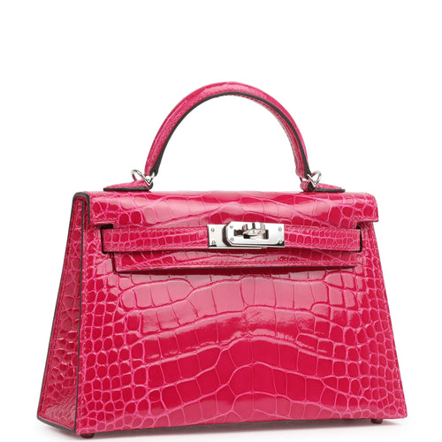 Pre-owned Hermes Kelly Sellier 20 Rose Mexico Shiny Alligator Palladium Hardware