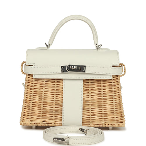 Hermes Mini Picnic Kelly 20 White Swift and Osier Wicker Palladium Hardware