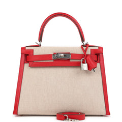 Pre-owned Hermes Kelly Sellier 28 Rouge De Coeur Swift and Beige-Ecru Toile H Canvas Palladium Hardware