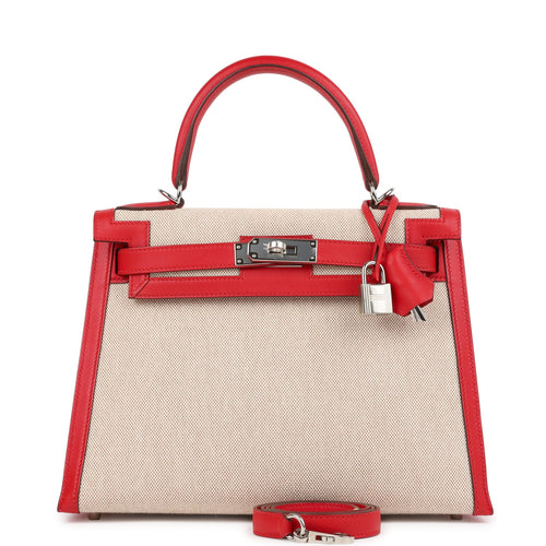 Pre-owned Hermes Kelly Sellier 28 Rouge De Coeur Swift and Beige-Ecru Toile H Canvas Palladium Hardware