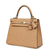 Pre-owned Hermes Kelly Sellier 25 Chai Ostrich Gold Hardware