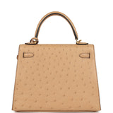 Pre-owned Hermes Kelly Sellier 25 Chai Ostrich Gold Hardware