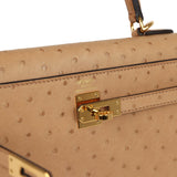 Pre-owned Hermes Kelly Sellier 25 Chai Ostrich Gold Hardware